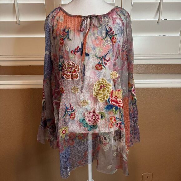 Johnny Was Tops - Johnny Was Biya Size XXL Calliope Floral Embroidered Mesh Top Hippie Art To Wear
